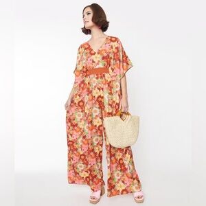 Unique Vintage Floral Jumpsuit in Pink and Orange